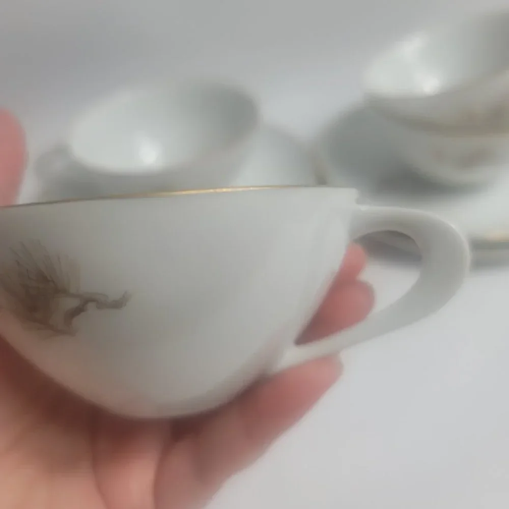 FOUR Sango Larchmont Cup & Saucer Sets White with Brown Pine Branch